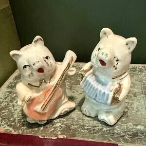 Vintage Japan Pig Musician Salt & Pepper Shakers • Gold Accents • 2”
